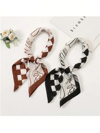 Scarves Luxurious Printed Checkerboard Silk Square Scarf Women's Soft Satin Headband Sca