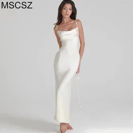 Casual Dresses Elegant White Satin Long Dress For Women Bandage Bodycon Backless Maxi Sexy Spaghetti Strap Mermaid Evening Party
