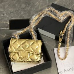 Ladies Lambskin Quilted Tiny Classic Mini Flap Waist Bags Card Holder Snap Gold Silver Adjustable Metal Hardware Matelasse Chain Crossbody Fanny Pack Purse 11x8cm