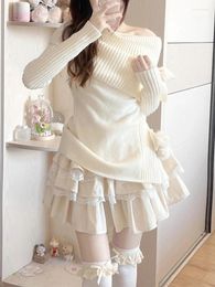 Work Dresses Spring Kawaii Sweet 2 Piece Set Woman Off Shoulder Bow Knitted Tops Mini Cake Skirt Female Korean Fashion Casual Suit 2024