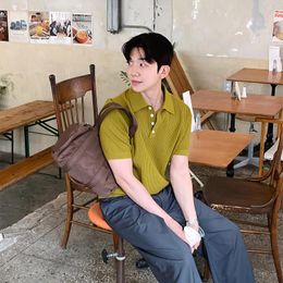 Men's Polos Men Short Sleeve Shirt Knitted Casual Social Shirts Korean Harajuku Polo Slim Soild Retro Tops Tees Man Clothes B106