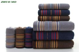 ZHUO MO 3Pieces Thicker Stripe Pattern Soft Cotton Towel Set Bathroom Super Absorbent Bath Towel blue Grey brown Face Towels T2009274724