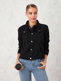 Women's Jackets Women S Cropped Denim Jacket Casual Stretch Button Down Jean Coat Solid Long Sleeve Front Pocket