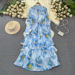 Casual Dresses Spring Long For Women Floral Printed Sleece Belted Cake Dress Elegant Chiffon Female Vestidos De Mujer Dropship