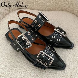 Onlymaker Women Black Pointed Toe Buckle Slingback Buckle Flats Comfortable Mary Jane Plus Size Fashion Shoes 240423