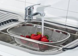 Retractable Drain Basket Rubber Grip Handles Stainless Steel Oval Colander Sink Vegetables Draining Rack Drain washing basket T2002081394