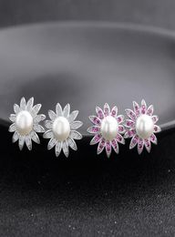 Wholefashion popular luxury classic designer diamond Sun flower pearl S925 sterling silver stud earrings for woman3030524