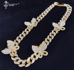 Iced Out Bling CZ Miami Cuban Link Chain Butterfly Charm Choker Necklace Hip Hop Gold Silver Colour Necklaces Jewellery For Women4777965