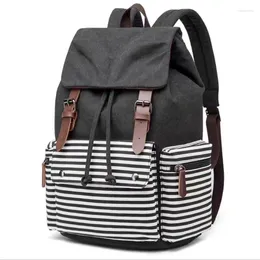 School Bags Striped Canvas Color Matching Backpack Drawstring Belt Cover Bag Laptop Jietou Fashion