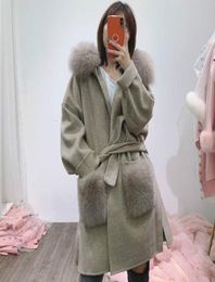 OFTBUY Real Fur Coat Winter Jacket Women Natural Fox Fur Collar Pocket Cuffs Hood Cashmere Wool Woollen Oversize Ladies Outerwear1776743
