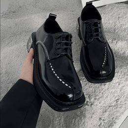 Casual Shoes Fashion Square Toe Leather Men Lace Up Thick Heel Black Metal Chains Gentlemen Derby