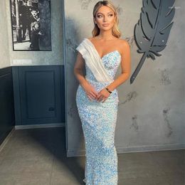 Party Dresses Robes De Cocktail One Shoulder Sequins Prom Dress Mermaid Sky Blue Vestido Fiesta Boda For Women