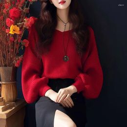 Men's Sweaters Fashion Women's Lazy Oversized Red Pullover Sweater Long Sleeve Knit Jumper Top