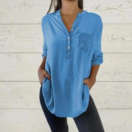 Women's Blouses Sequin Stitching Shirt Stylish V-neck With Patch Pocket Long Sleeve Casual Top Loose Fit Mid-length