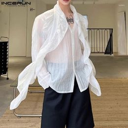 Men's Casual Shirts Handsome Well Fitting Tops INCERUN Men Ruffled Ribbon Fashion Solid Hollow Slightly Transparent Long Sleeved Blouse