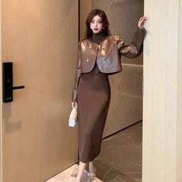 Work Dresses 2024 Autumn Vintage O Neck Loose PU Leather Short Jacket Coat Turtleneck Slim Sleeve Long Dress Set For Women 2 Pieces