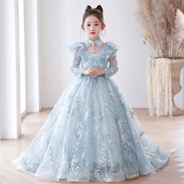 2024 blue luxury Flower Girls Dresses Long Sleeves lace Appliqued With Train Tulle Girl Pageant Ball Gown Kids Formal Party Dress First Girls Communion Pageant Dress