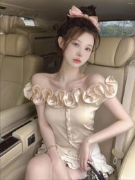 Women's Blouses Summer Women Sleeveless T-Shirts Floral Tees Slash Neck Crop Tops Aesthetic Vest Romantic Bodycon Design Gyaru Cute High