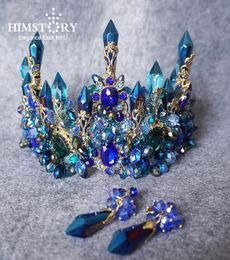 Himstory Amazing Brides Oversize Blue Baroque Royal Crown Headpiece Retro Green Rhinestone Tiara Hairbands Wedding Hair Jewelry S94702149