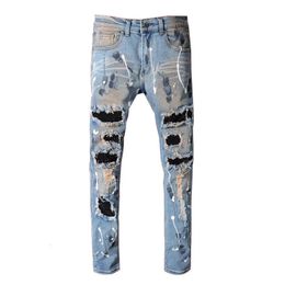 Blue High Street Holes Transparent Crystals Patchwork Stretch Slim Fit Rhinestones Patches Distressed Ripped Graffiti Jeans Men 240422