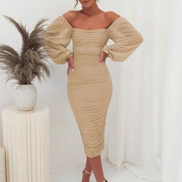 Casual Dresses Women's 2024 Sexy Ruched Bodycon Midi Dress Long Puff Sleeve Square Neck Backless Cocktail Party Wedding