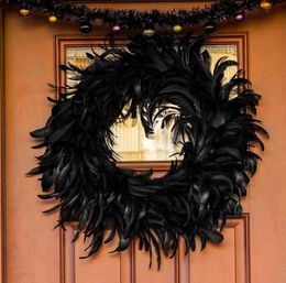 DIY Wreath Black Feather Garland Holiday Ornament Wreath Door Pendant Halloween Prop Door Pendant 2021 New Home Decoration Q08124417653