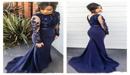 2018 new arrival dark navy Formal Mermaid Evening Dresses with Long Sleeve Beaded Pearls Custom made Vestidos De Festa Pageant Pro2433371