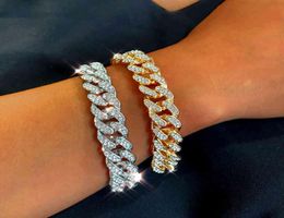 New Fashion Luxury 12mm Iced Out Cuban Link Chain Bracelet for Women Men Gold Silver Colour Bling Rhinestone Jewelry8627866