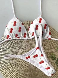 Women's Swimwear Thong Swimsuit Two Pieces Bathing Suit Women 2024 Beach Wear Cute Cherry Print Brazilian Bikini Set Sexy
