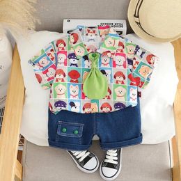 Clothing Sets Three Piece Set/boys 2024 Summer Fashion Full Print Checkered Puppy Shirt Solid Color Jeans