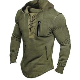 Mens Spring And Autumn Hoodie Solid Color Lace Up Zipper Pocket Sports Street Clothing Stamped Sweatshirt 240428