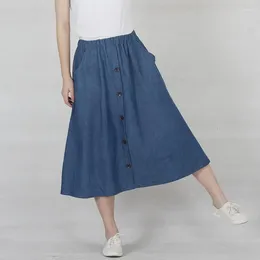 Skirts Fashion Spring Summer Women Button Denim High Wiast Long Skirt Loose Casual Elastic Waist A-line LY129