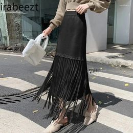 Skirts French Design Fringe Knitted Robe Mi-corps Autumn High Waist Straight Tube A-line Skirt Long Casual Black La Falda