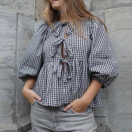 Women's Blouses Combhasaki Basic Bow Tie Front Peplum Shirts Tops Casual Plaid Print 3/4 Sleeve Club Streetwear Aesthetic Flare Blouse