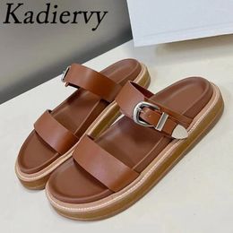 Slippers S Flat Women Genuine Leather Peep Toe Holidays Shoes Woman Metal Decoration Mules Outdoors Comfort Slides