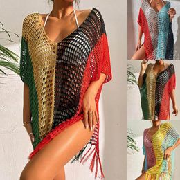 Women Casual Vacation Beach Color Matching Gollow Sexy Knitted V Neck Bikini Swimsuit Cover Up Padded High Waist Swiming