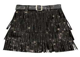 Skirts Heavy Drilling Rhines Fringed Skirt With Belt Women's High Waist Multi Layer Short Cake S6677675502