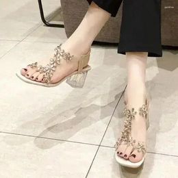 Dress Shoes Ladies Elastic Band Open Toe Women Sandals Summer Rhinestones Flower Transparent Chunky Heels Fashion Slingbacks