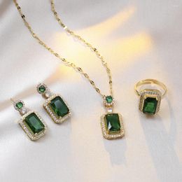 Necklace Earrings Set Fashion Women's Square Green Crystal Drop Earring Ring Ornament Versatile Simple Jewellery Wholesale