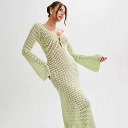 Women's Beach Long Dress Solid Sheer Knit Bikini Cover-Ups Sleeve See Through Sunscreen Sexy Backless Crochet Swimwear