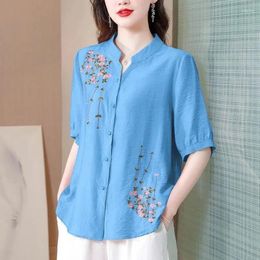Women's Blouses Fashion Embroidered Short Sleeved Cotton Linen Top Summer Shirts Loose Cardigan Blouse Mother V-Neck Shirt Blaus 4XL