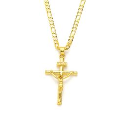 9k Yellow Solid Gold GF Italian inri Jesus Crucifix Pendant Figaro Link Chain Necklace 60cm 3mm Womens Mens6121233