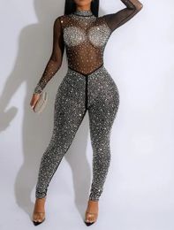 Sexy Party Jumpsuits Women Autumn Solid Mesh Diamond Fashion Long Sleeve Pants Jumpsuit Clubwear Female Overalls Streetwear 240417
