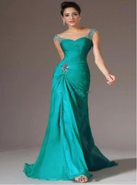 Mermaid formal dress Vneck Floor Length Turquoise Chiffon Cap Sleeve party Dresses Beaded Pleats Discount Prom Gowns dresses even5641071