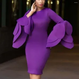 Casual Dresses Elegant Bodycon Purple For Women O Neck Petal Sleeve Solid Package Hips Mid Calf Luxury Birthday Party Dinner Vestidos