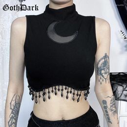 Women's Tanks Goth Dark Cyber Y2K Skinny Turtleneck Tank Top Sexy Moon Chain Tassel Sleeveless Crop Tops Gothic Women Punk Streetwear Alt