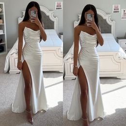 Fashion white Prom Dress pleats Strapless Evening gowns Pleats Sheath Split Formal Red Carpet Long Special Occasion Party dress