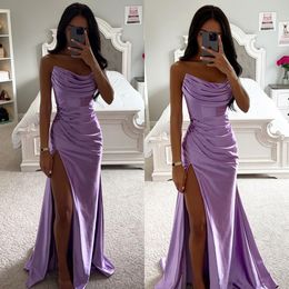 Fashion lavender purple Prom Dress Strapless Evening dresses Pleats Sheath Split Formal Red Carpet Long Special Occasion Party dress