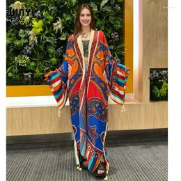 Summer Boho Print Beach Cover Up Swim Suit Elegant African Women Cardigan Sexy Holiday Long Sleeve Kimono Maxi Dress