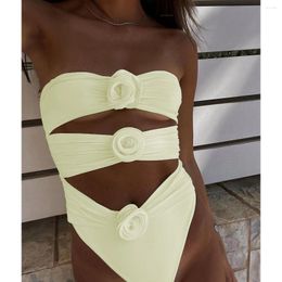 Women's Swimwear Sexy Flower One Piece Swimsuit Women Push Up Ladies Solid Slimming Beachwear 2024 Summer Holiday Trendy Female Clothes